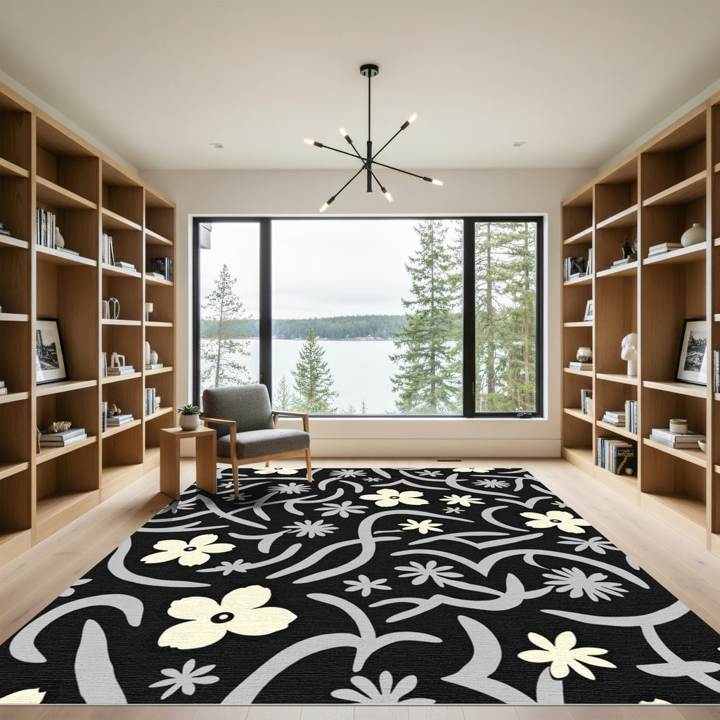 Cream Floral Scrolled Black Rug
