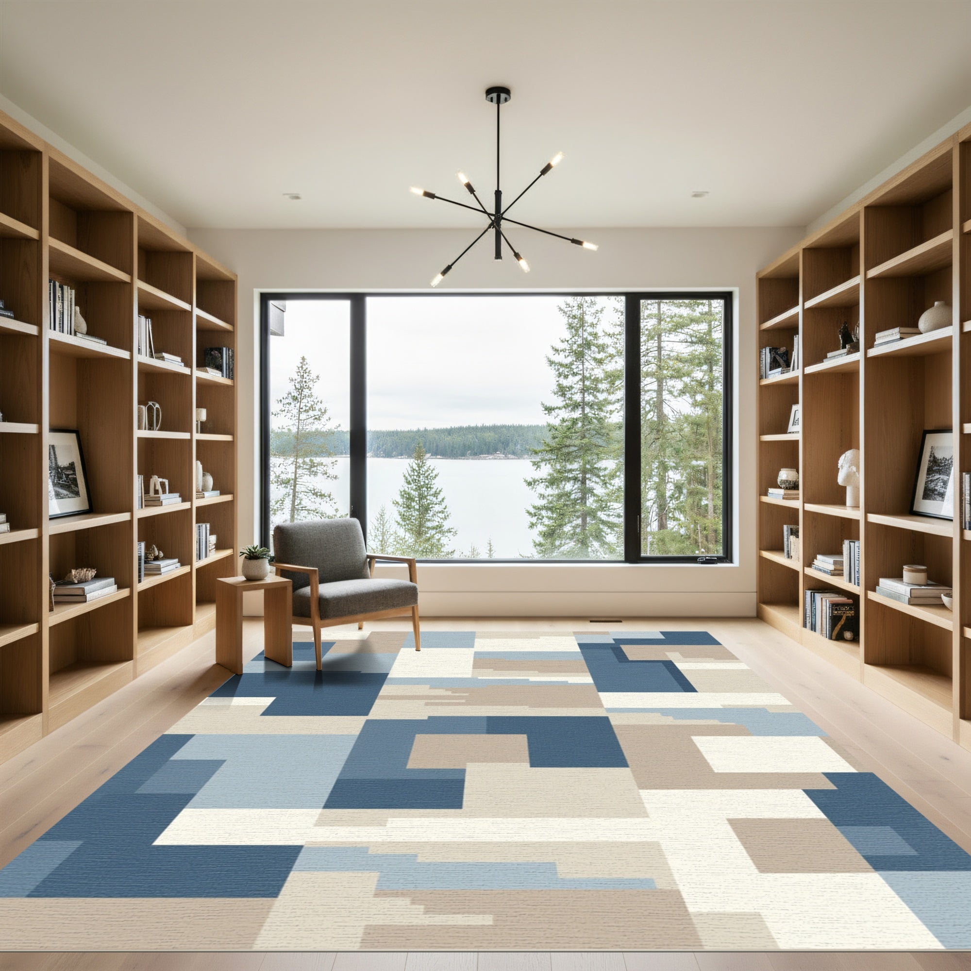 Abstract Blue Tan Geometric Blocks Rug
