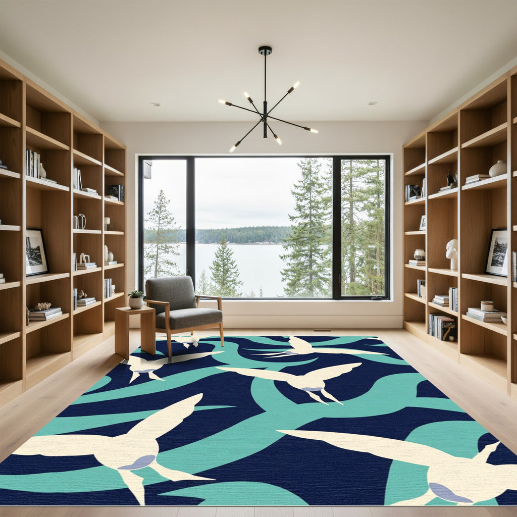 Cream Seagulls On Teal Wave Background Rug
