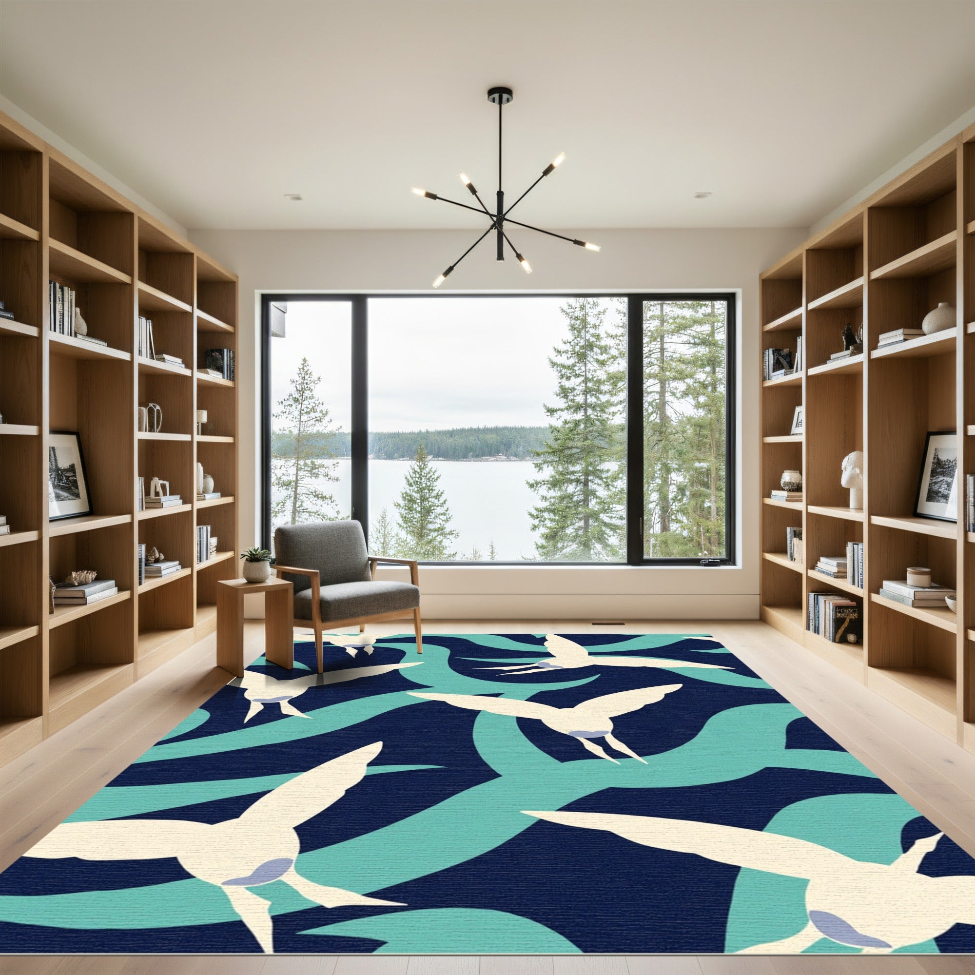 Cream Seagulls On Teal Wave Background Rug