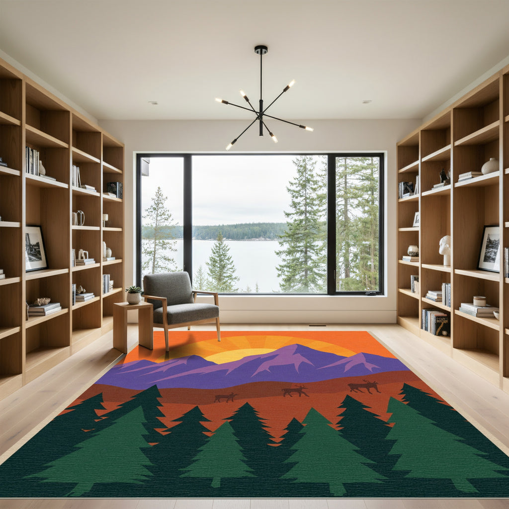 Vibrant Sunset Mountain Deer Forest Scene Rug