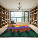 Vibrant Sunset Mountain Deer Forest Scene Rug