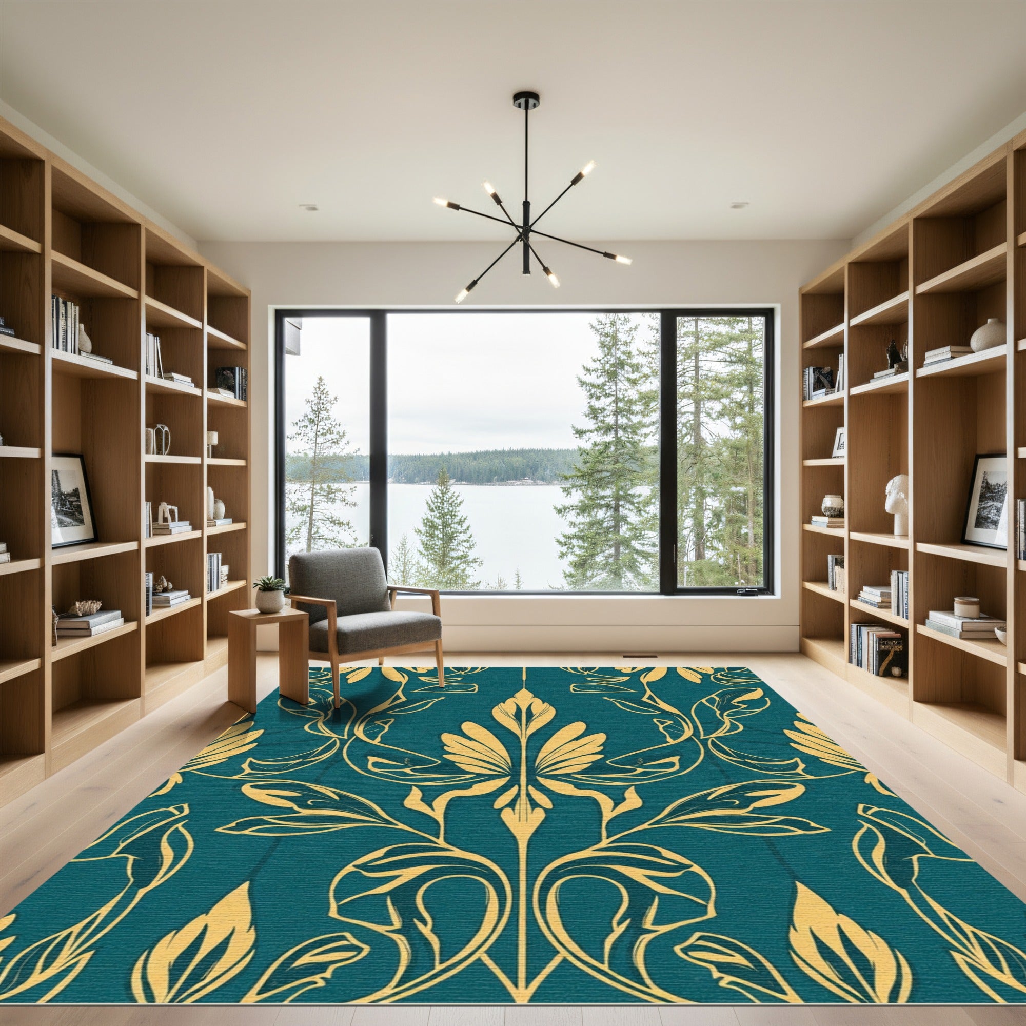 Deep Teal Golden Art Nouveau Foliage Rug