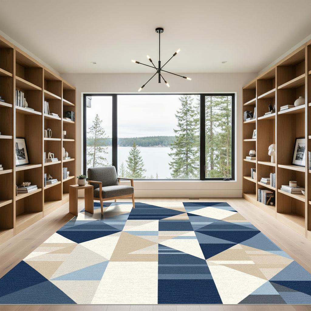 Navy Blue Geometric Intersecting Triangles Rug