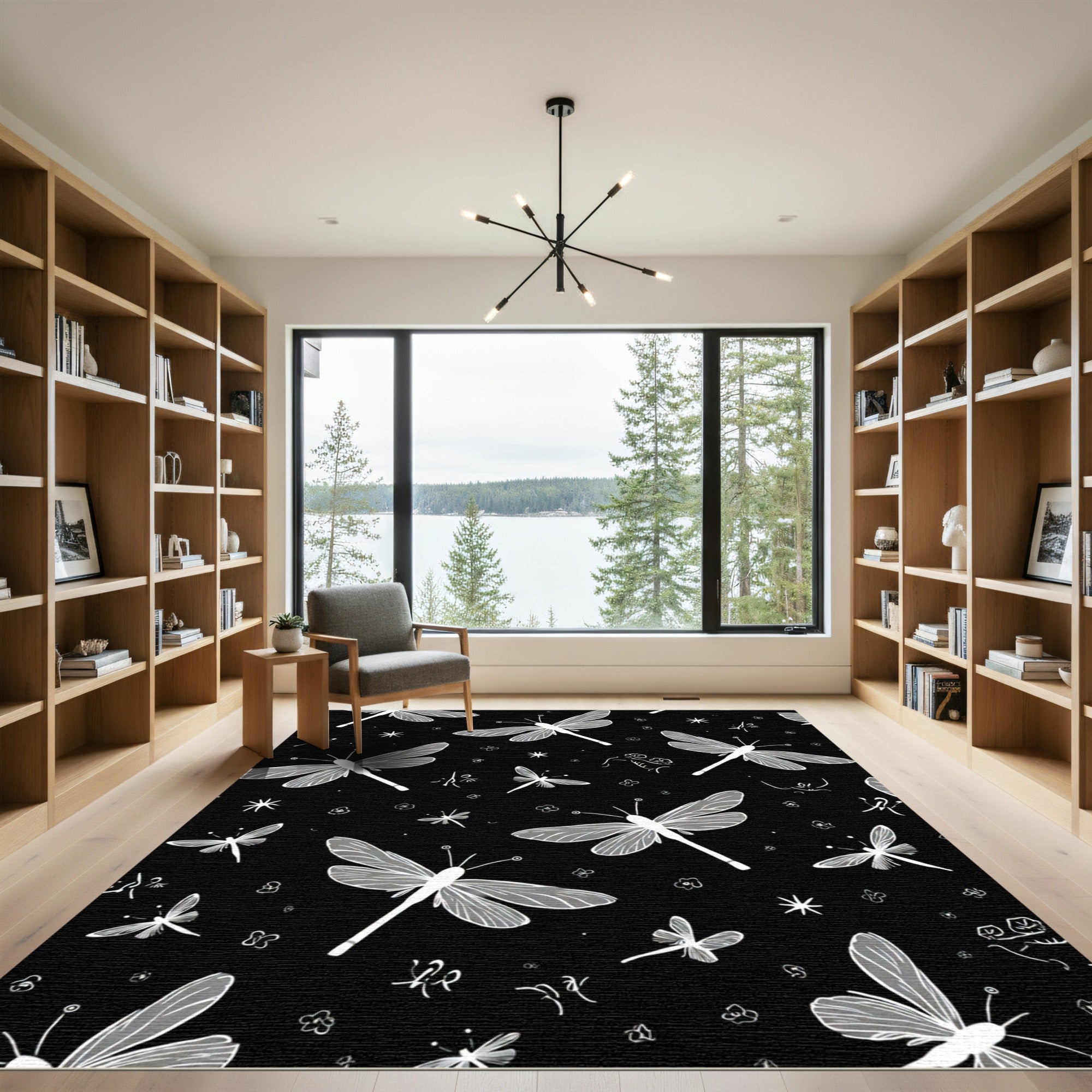 White Dragonflies on Black Field Rug