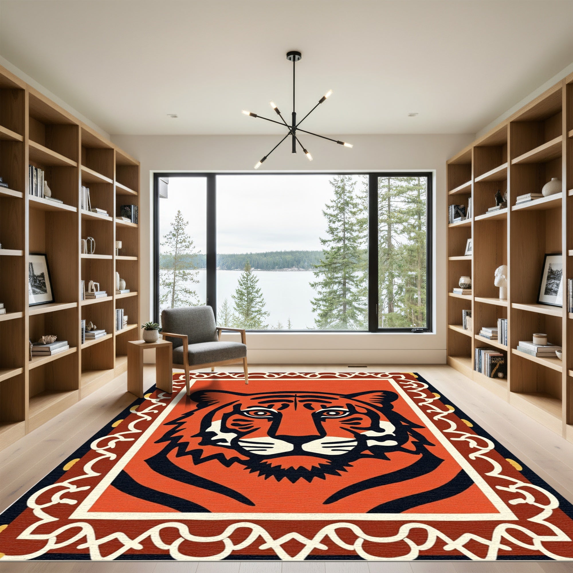 Bold Orange Tiger Face Border Rug