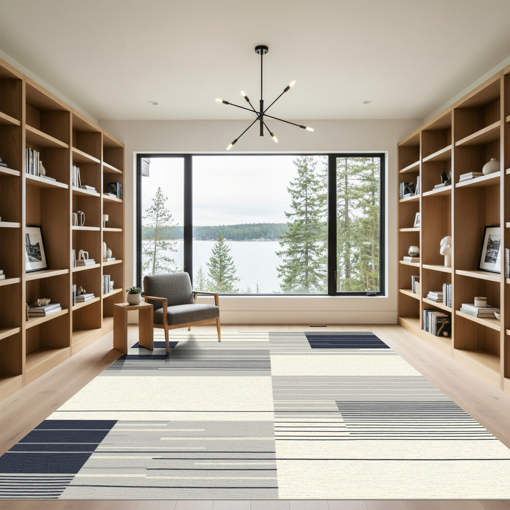 Deep Blue Gray White Geometric Lines Rug