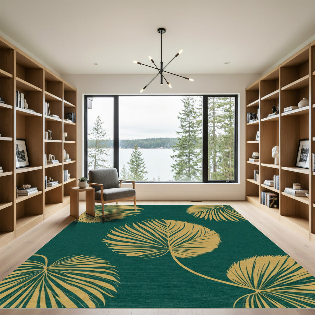 Golden Palm Leaves Teal Tropical Rug