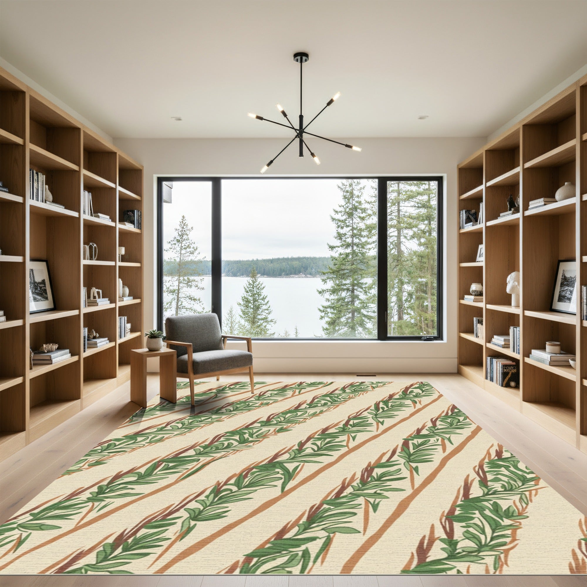 Earthy Green Vine Diagonal Stripe Rug