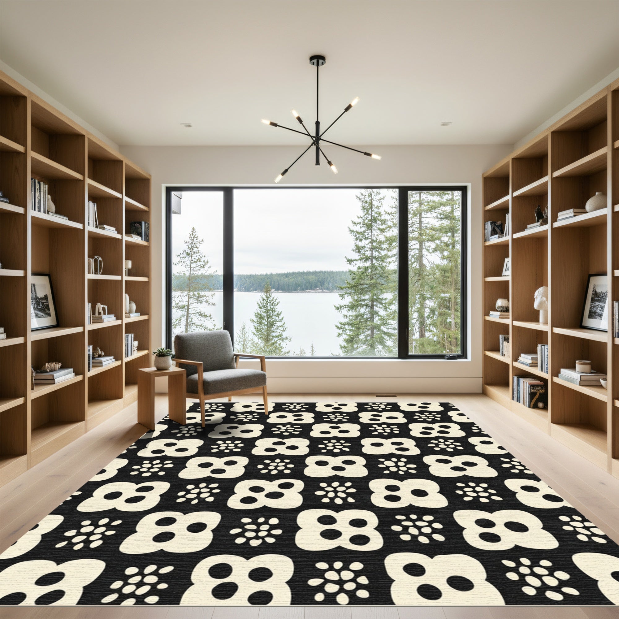 Cream Flowers and Dots Black Rug