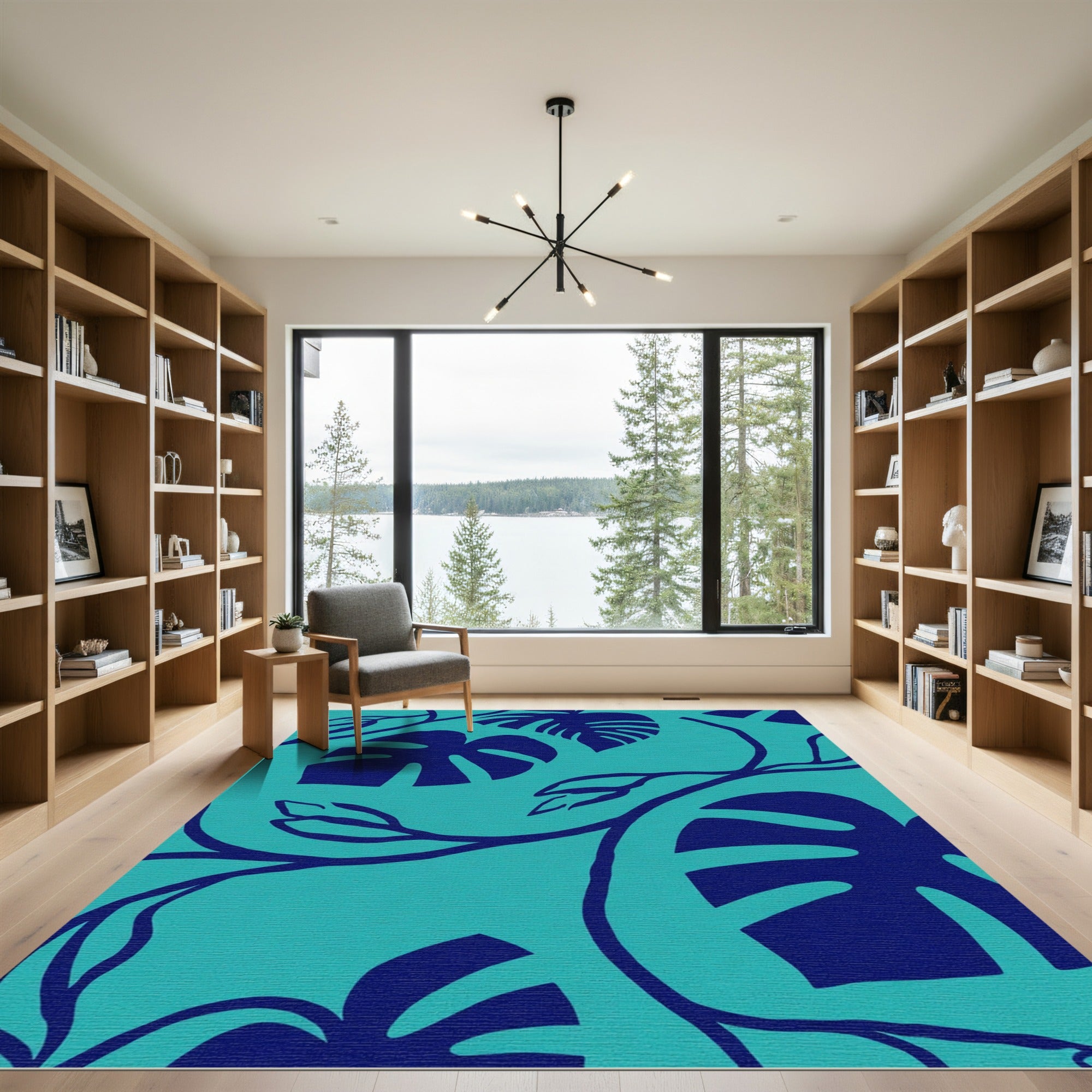 Vibrant Blue Tropical Monstera Leaf Rug
