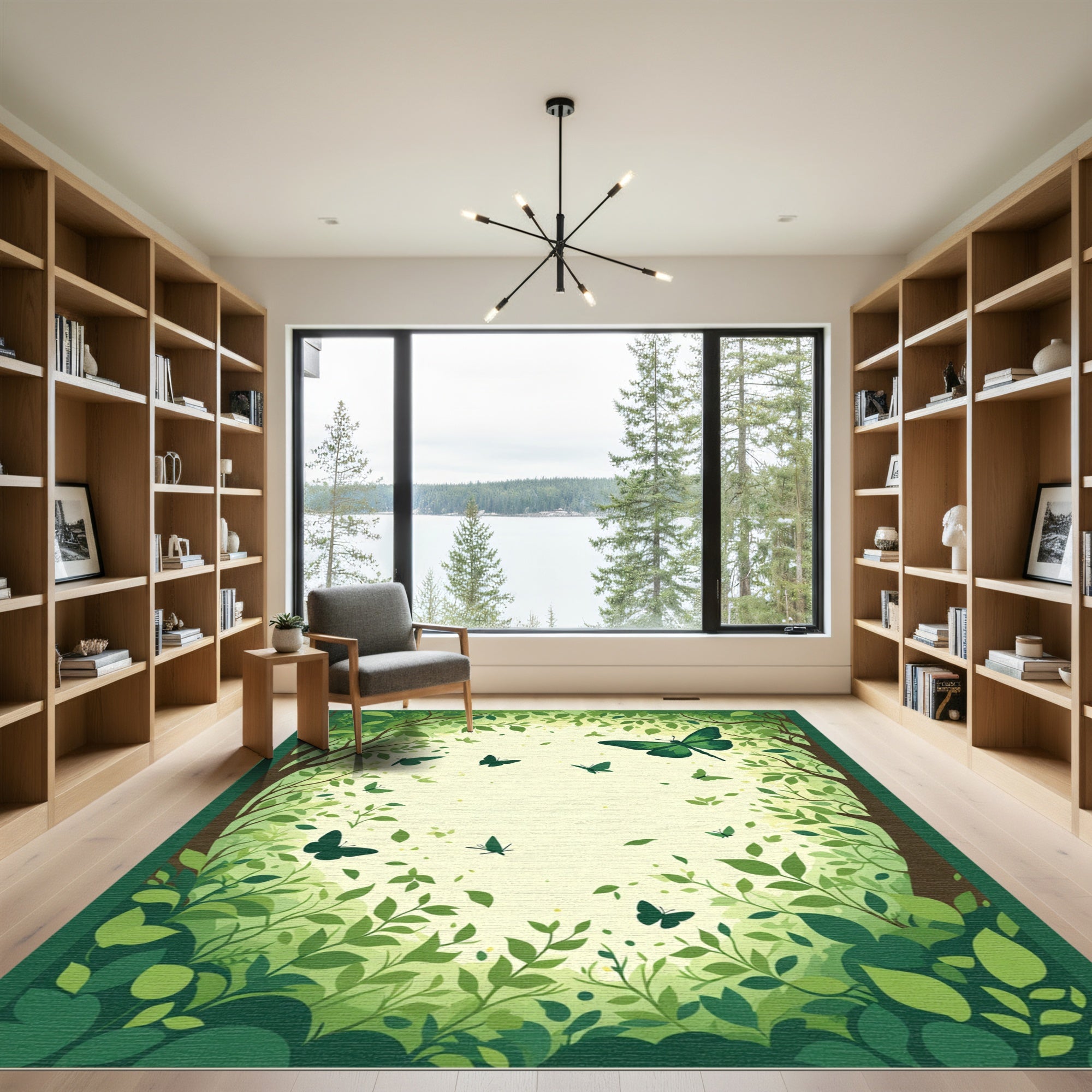 Lush Green Butterfly Forest Scene Rug