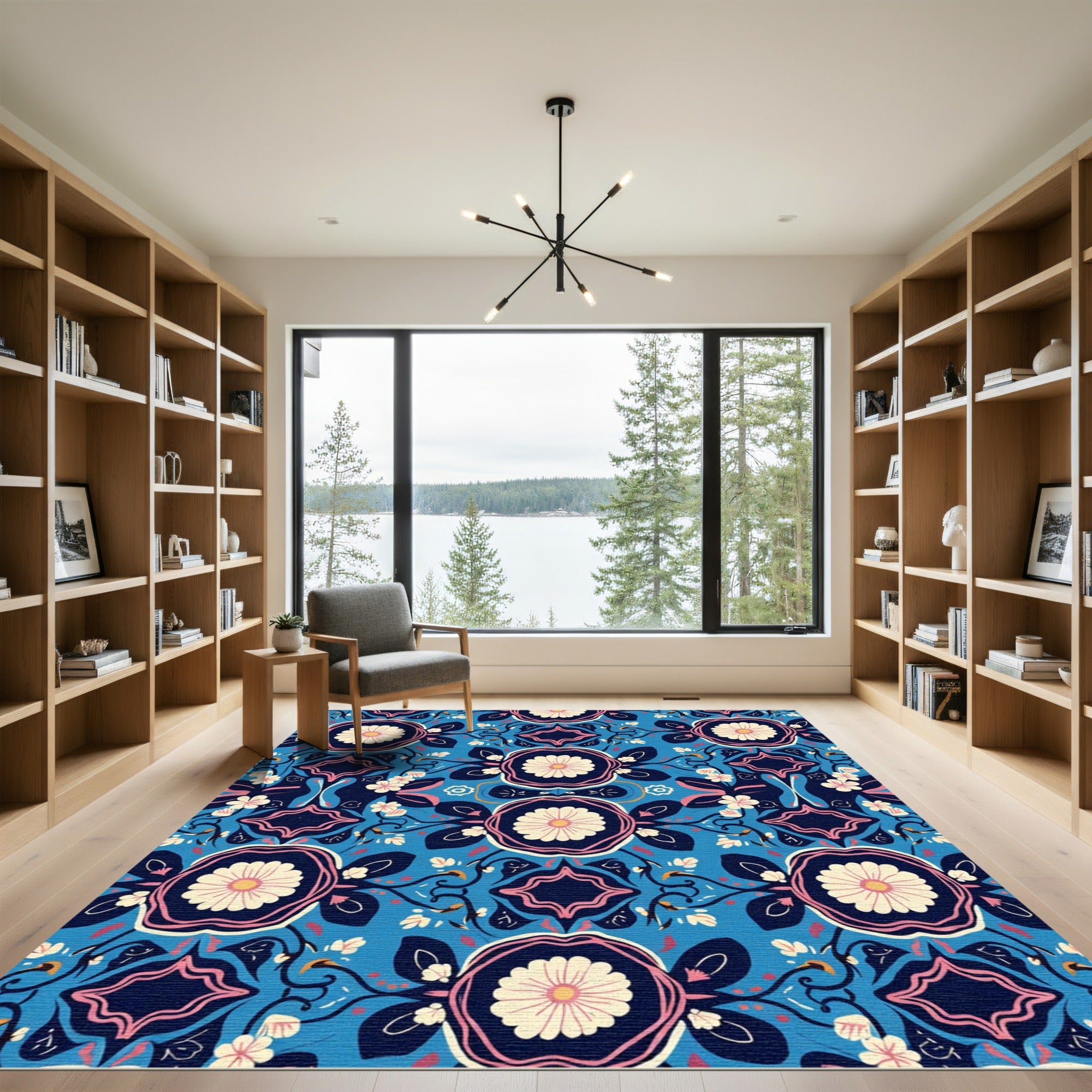 Blue Floral Medallion Garden Rug