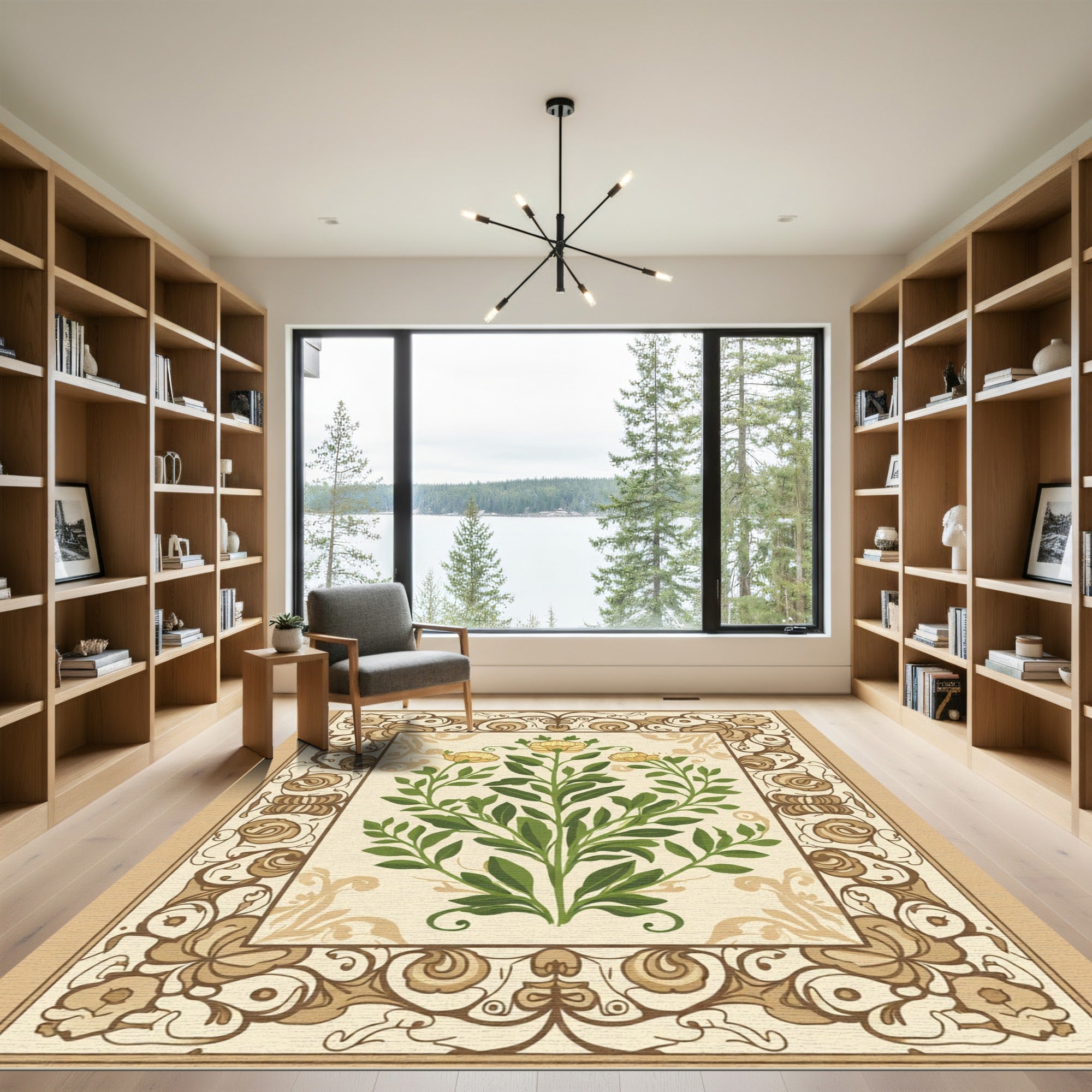 Cream and Gold Floral Botanical Branch Rug