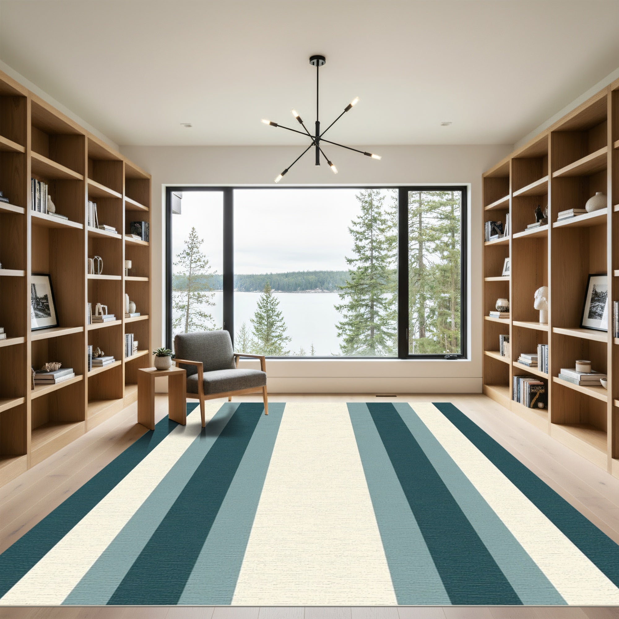 Deep Teal Cream Striped Bands Rug