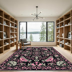 Ornate Pink Black Scroll Medallion Rug