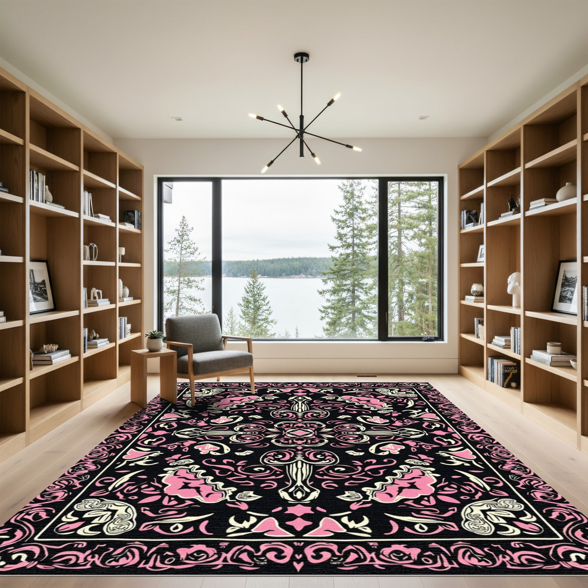Ornate Pink Black Scroll Medallion Rug