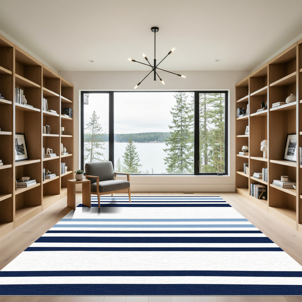 Navy Blue White Sky Blue Stripes Rug
