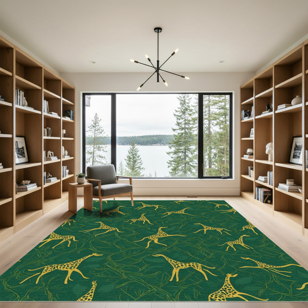 Golden Giraffes on Deep Green Foliage Rug
