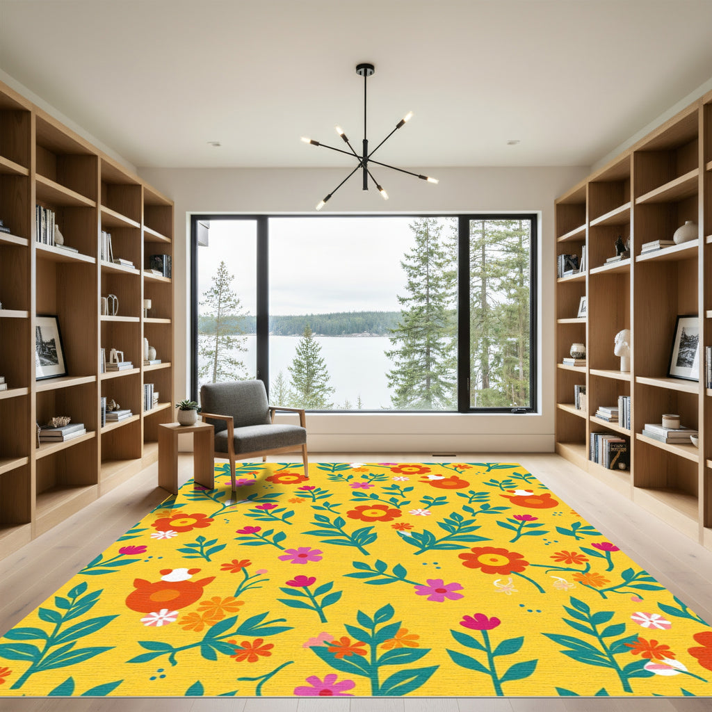 Bright Yellow Floral Critter Medley Rug