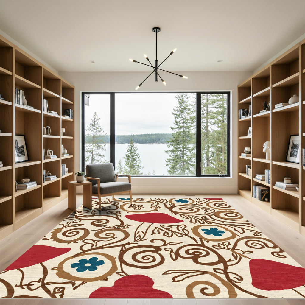 Red Mushroom Whimsical Swirl Floral Rug