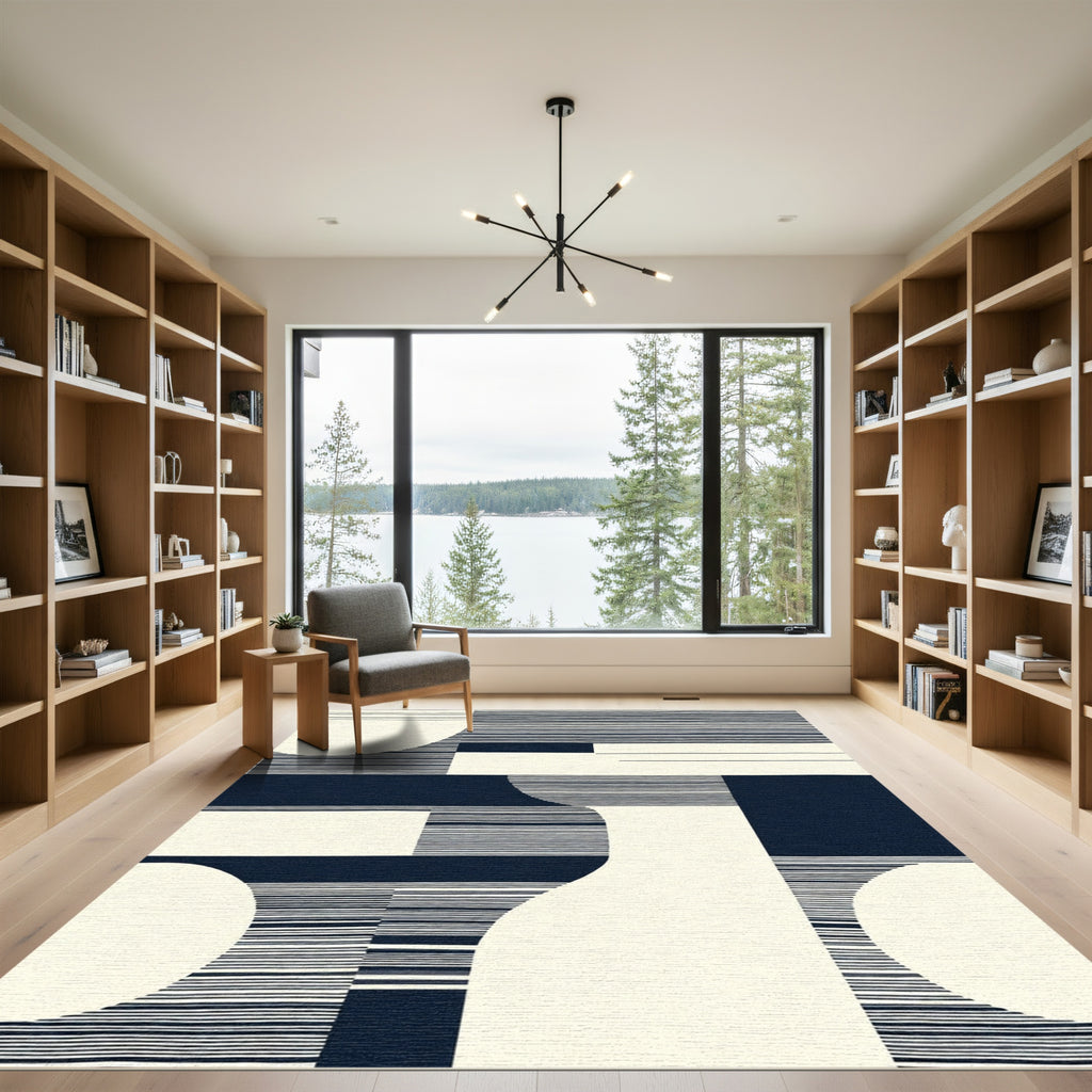 Minimalist Navy Cream Geometric Stripes Rug
