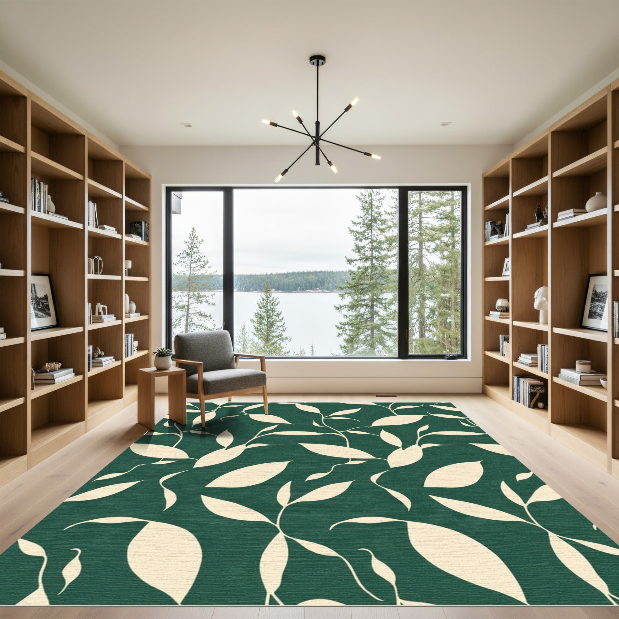 Cream Leafy Vines on Deep Green Background Rug