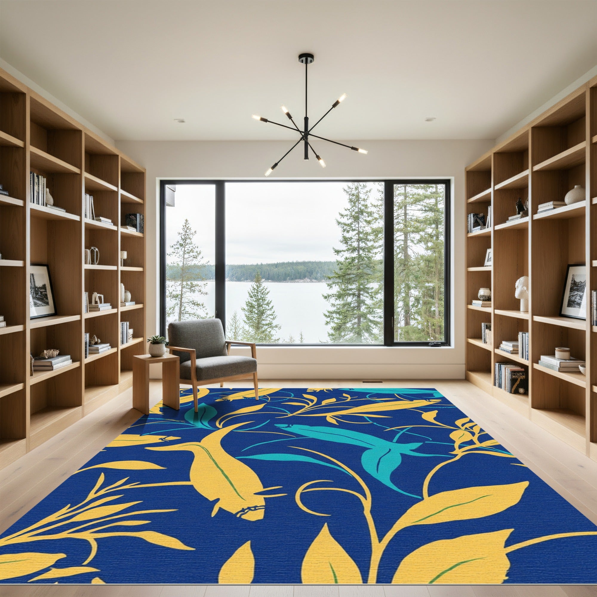 Blue yellow teal koi foliage Rug
