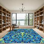 Deep Blue Lime Octopus Abstract Rug