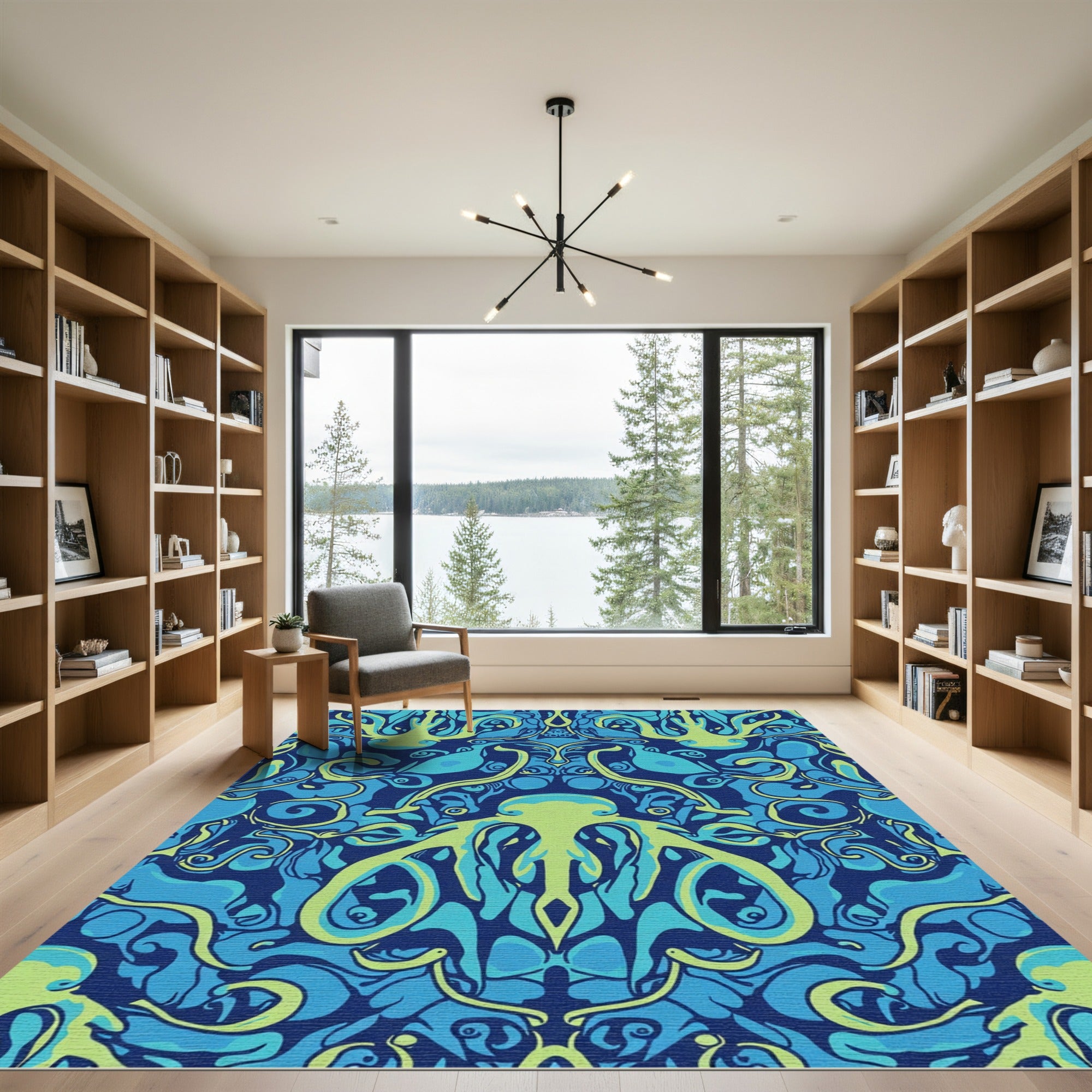 Deep Blue Lime Octopus Abstract Rug