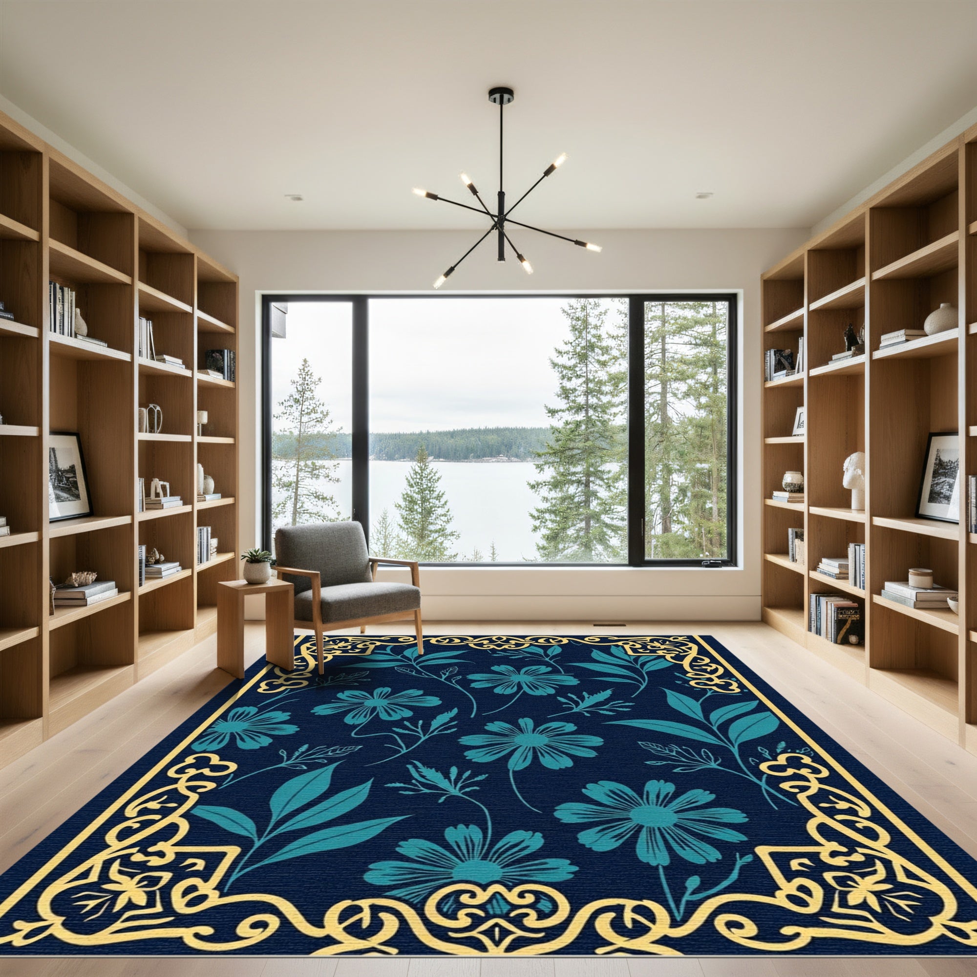 Deep Blue Floral Corner Border Rug