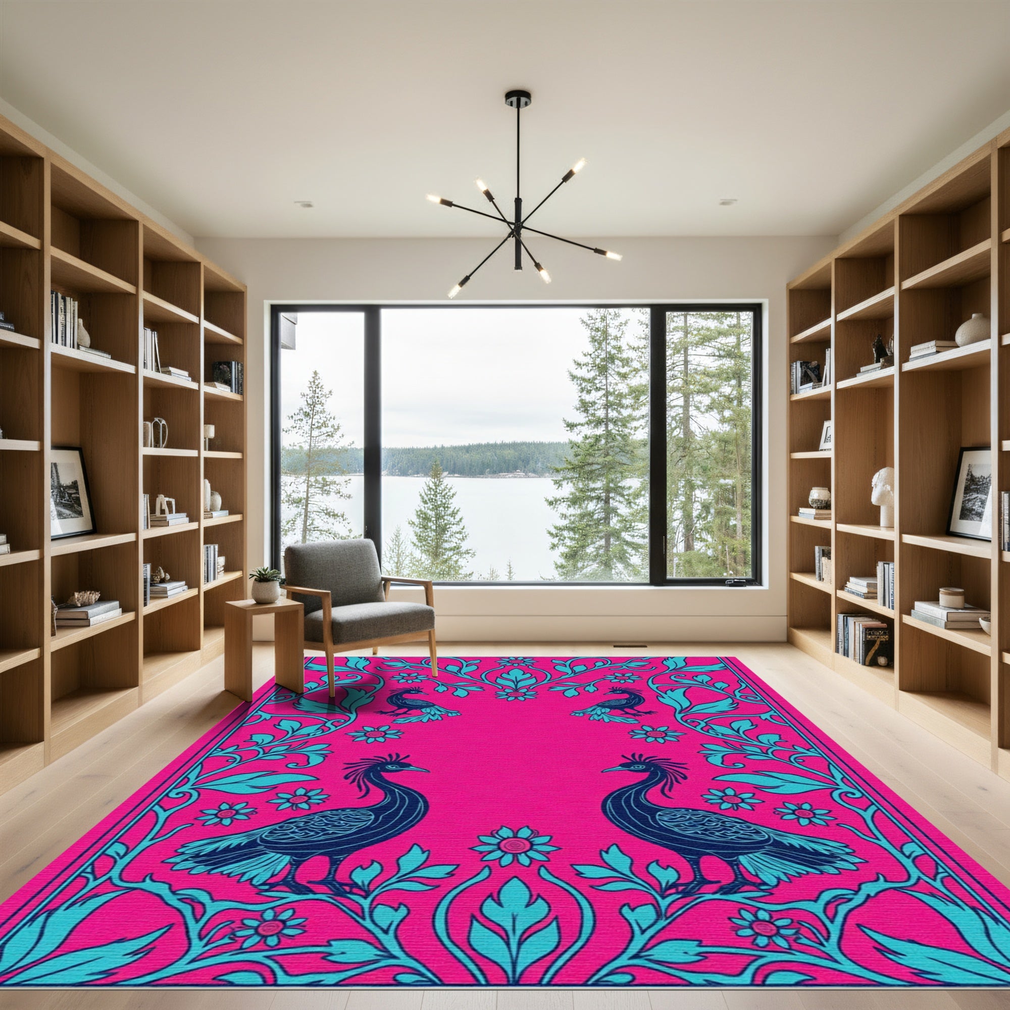 Vibrant Pink Teal Peacock Floral Rug