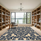 Navy Symmetrical Floral Damask Rug