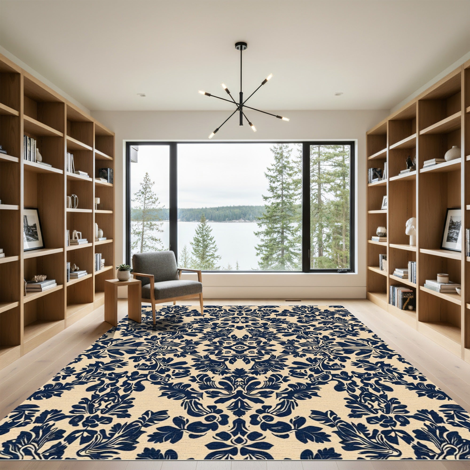 Navy Symmetrical Floral Damask Rug
