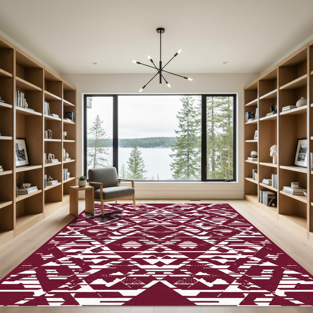 Deep Burgundy Abstract Geometric Landscape Rug