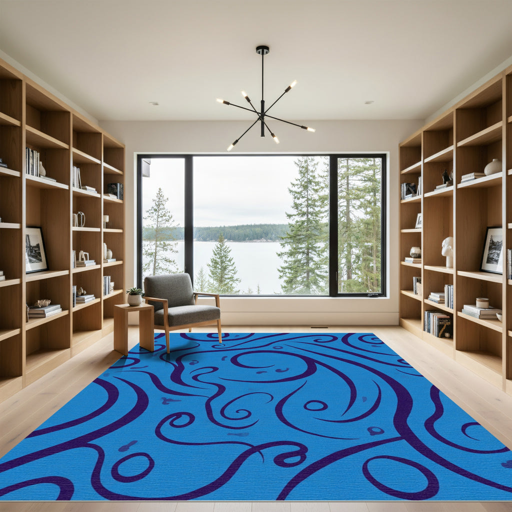 Deep Blue Wavy Swirl Abstract Rug