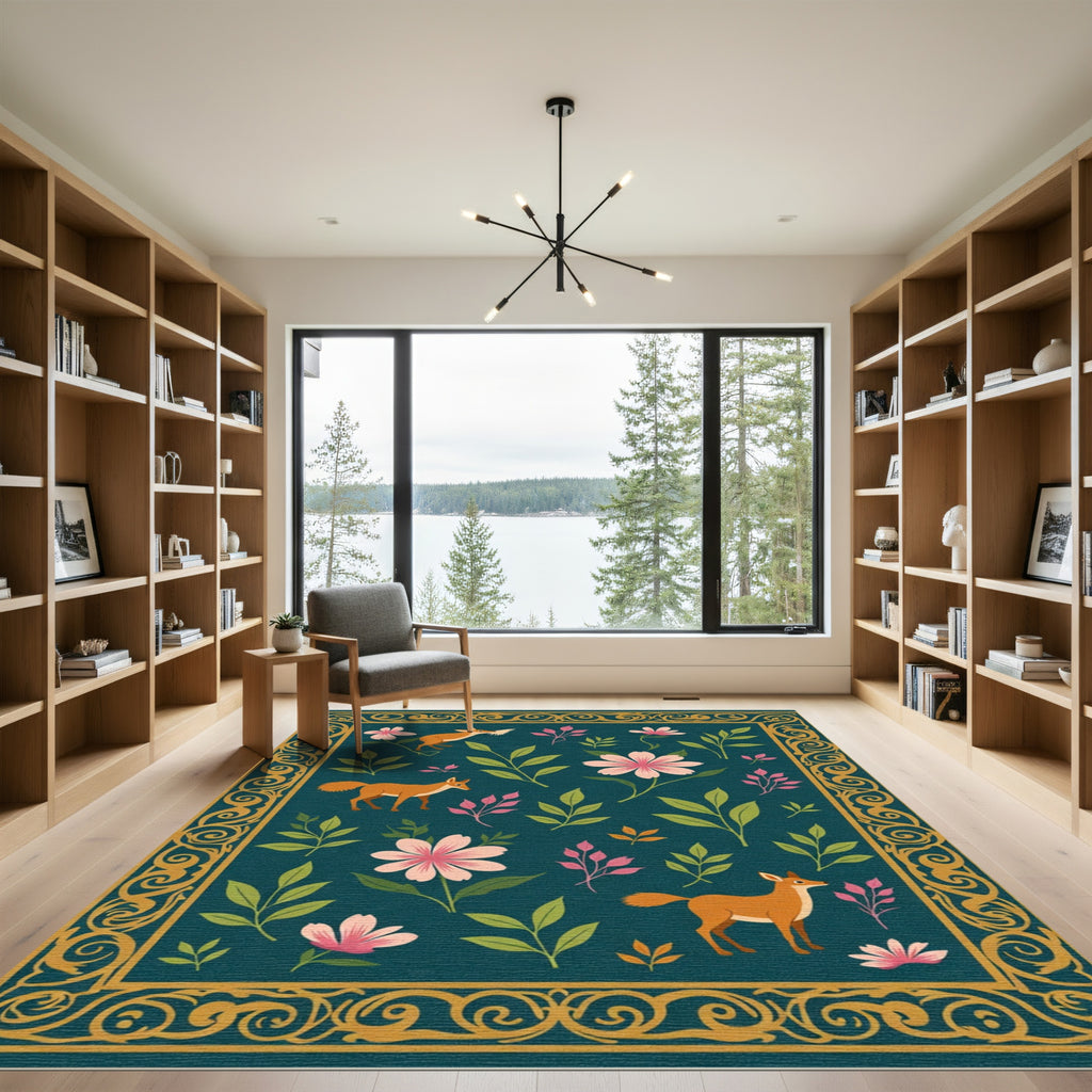 Golden Bordered Fox and Floral Meadow Rug