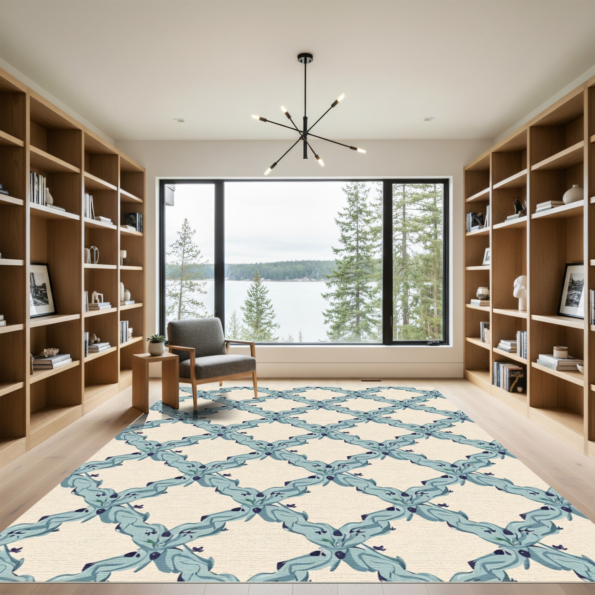 Aqua Whimsical Diamond Lattice Butterflies Rug