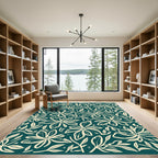 Cream Floral Branches Teal Background Rug