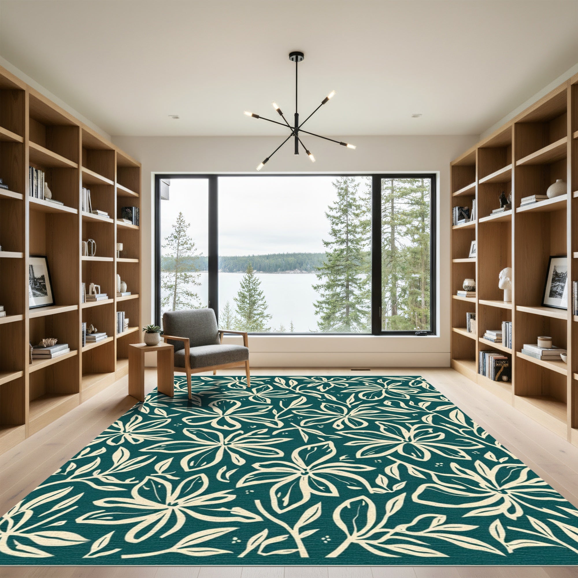 Cream Floral Branches Teal Background Rug