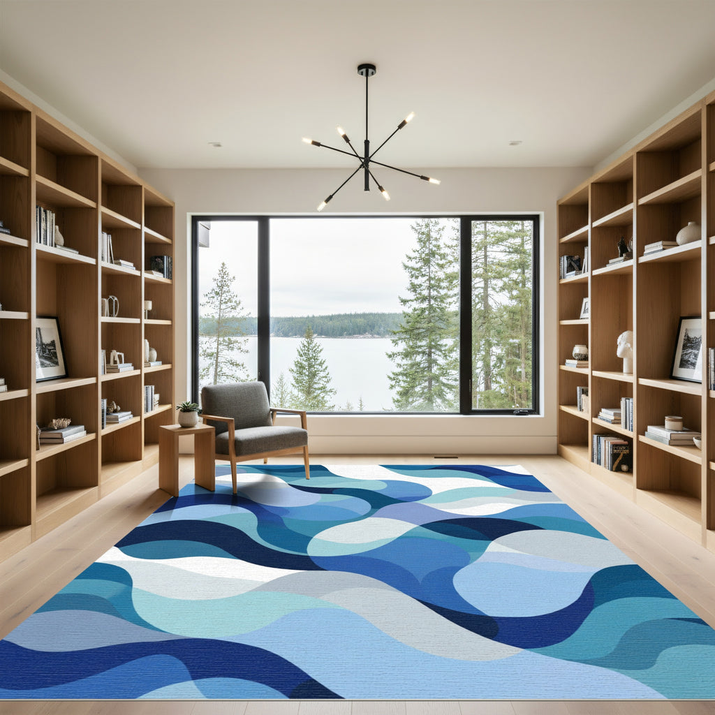 Deep Blue Wave Ripples Flowing Rug