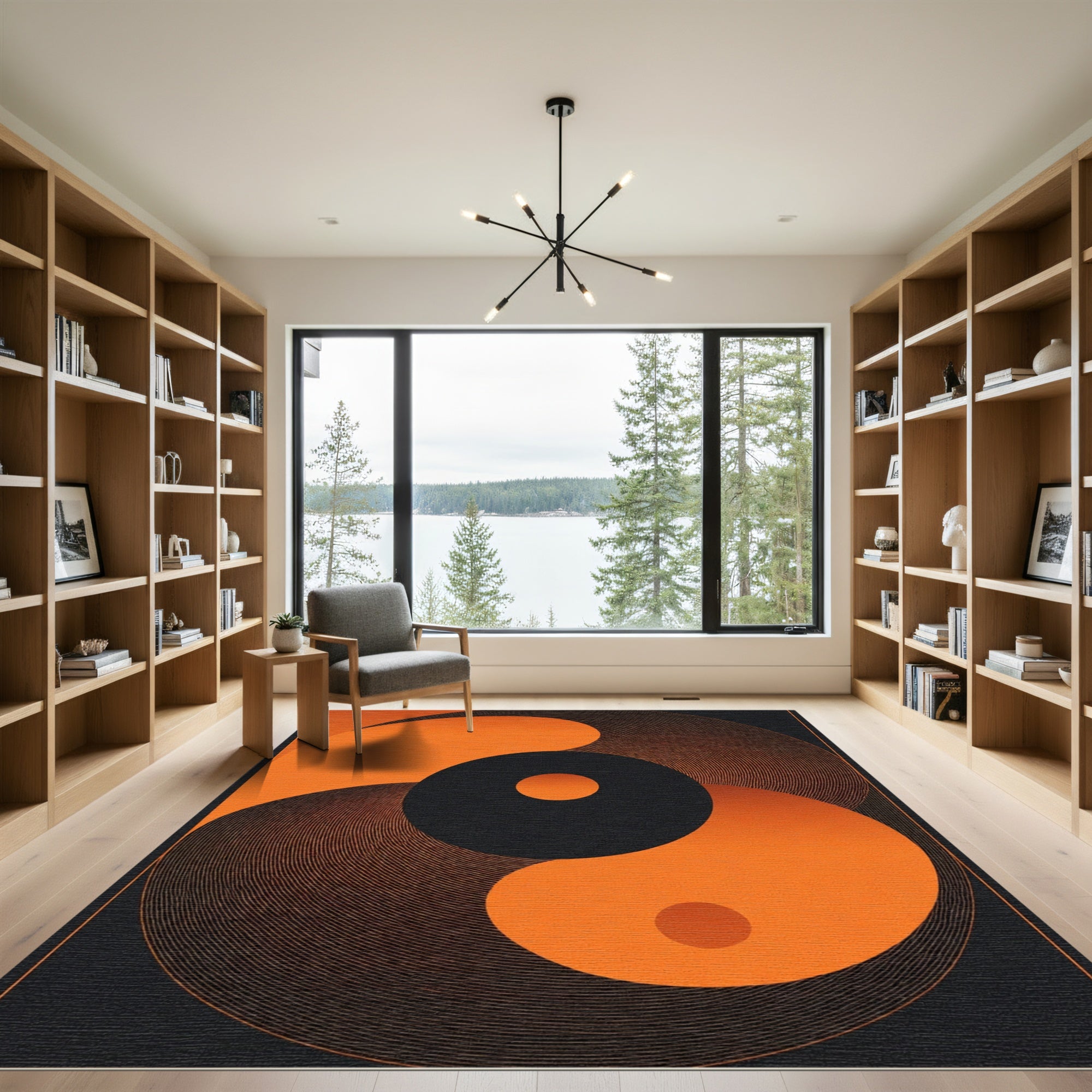 Orange Black Concentric Circles Swirl Rug