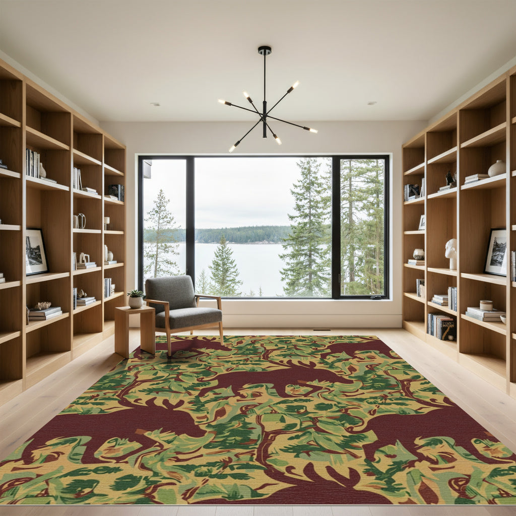 Burgundy Moose Camouflage Forest Repeat Rug