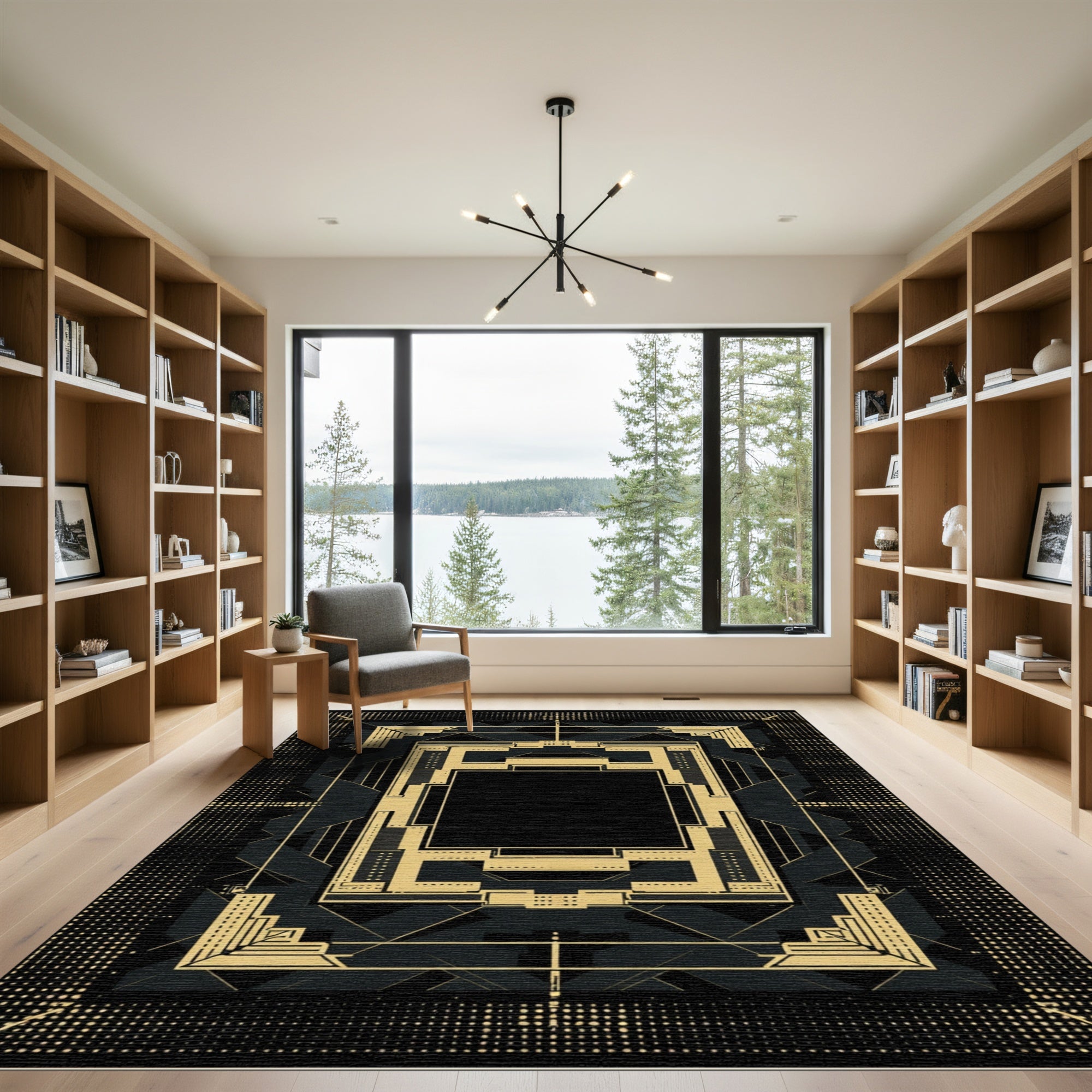 Retro Gold Black Geometric Layered Frame Rug