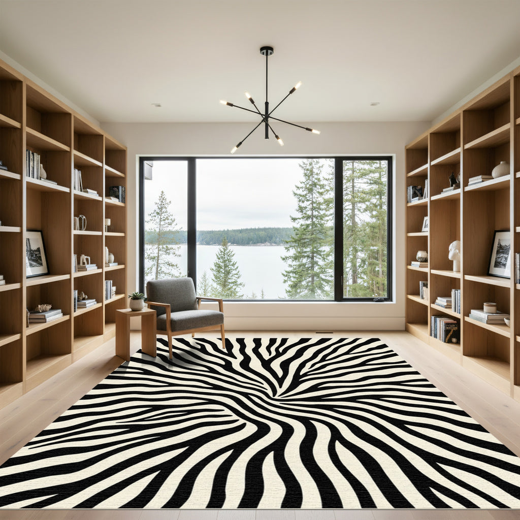 Black White Zebra Stripe Whirl Rug
