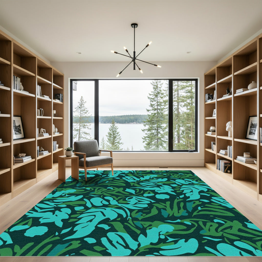 Teal Emerald Abstract Tropical Leaves Rug
