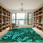 Teal Emerald Abstract Tropical Leaves Rug