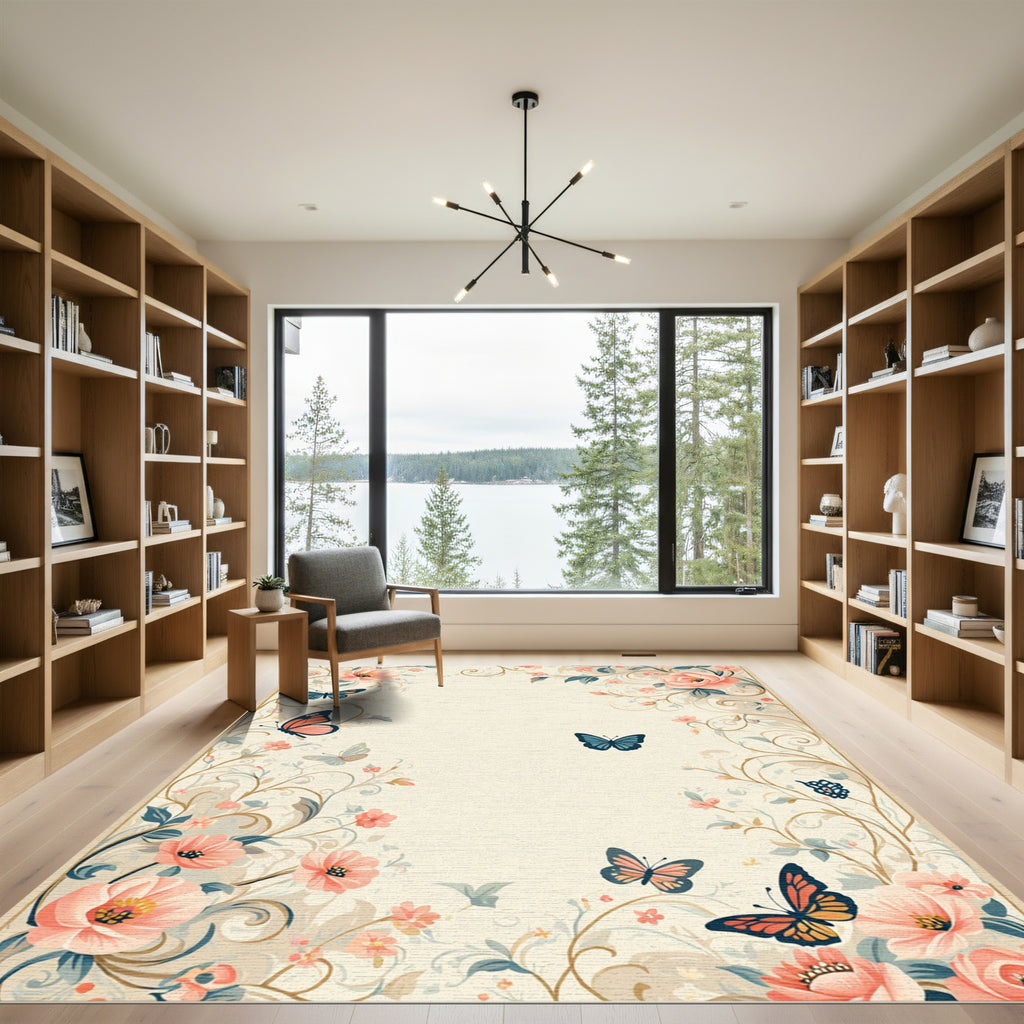 Pastel Butterflies Floral Meadow Rug