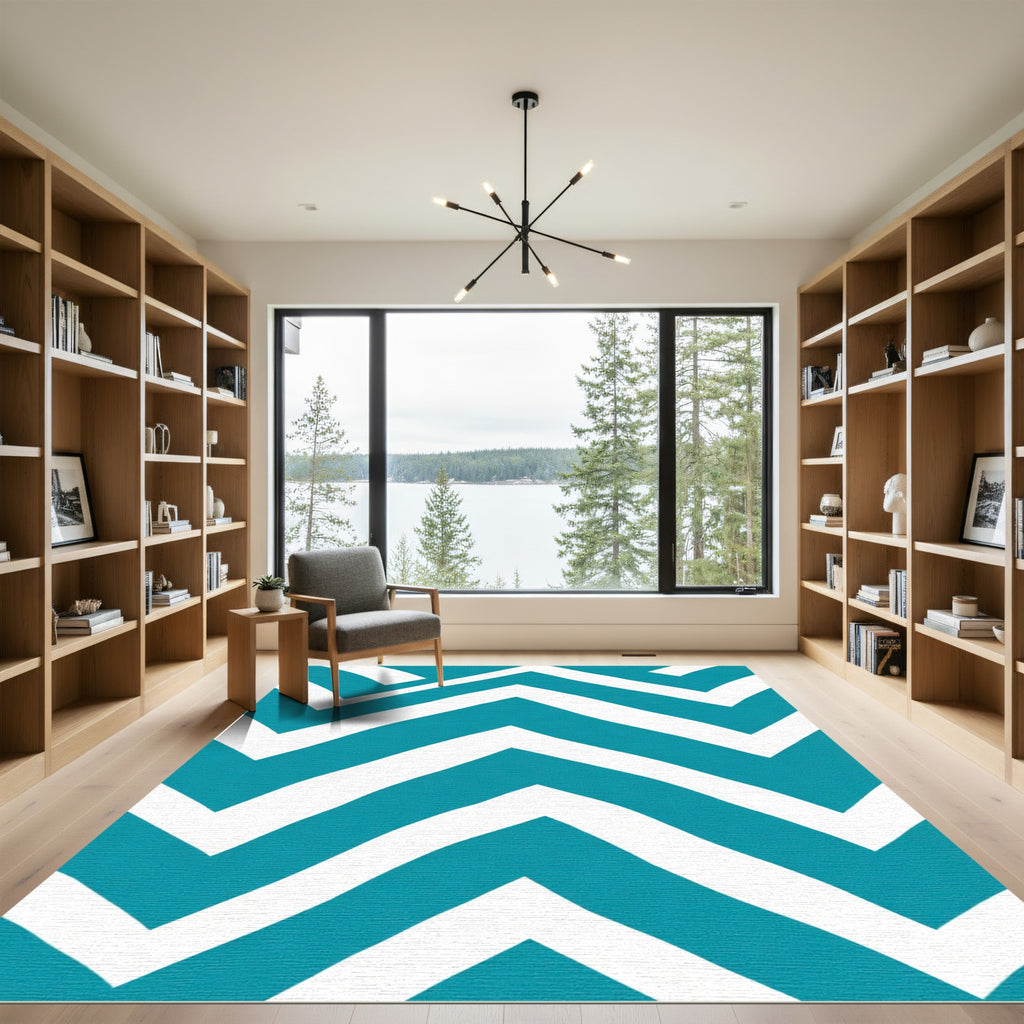 Teal White Zigzag Stripe Area Rug
