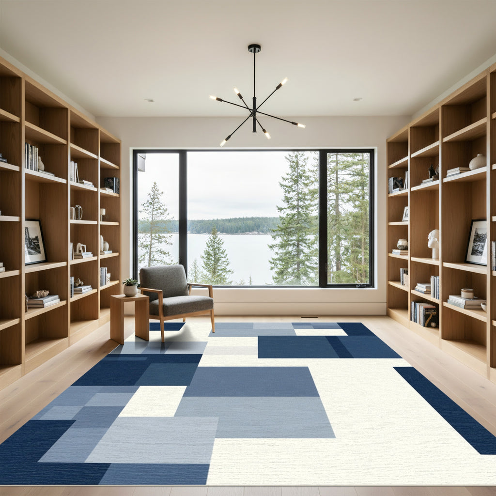 Modern Navy Abstract Blocks Rug